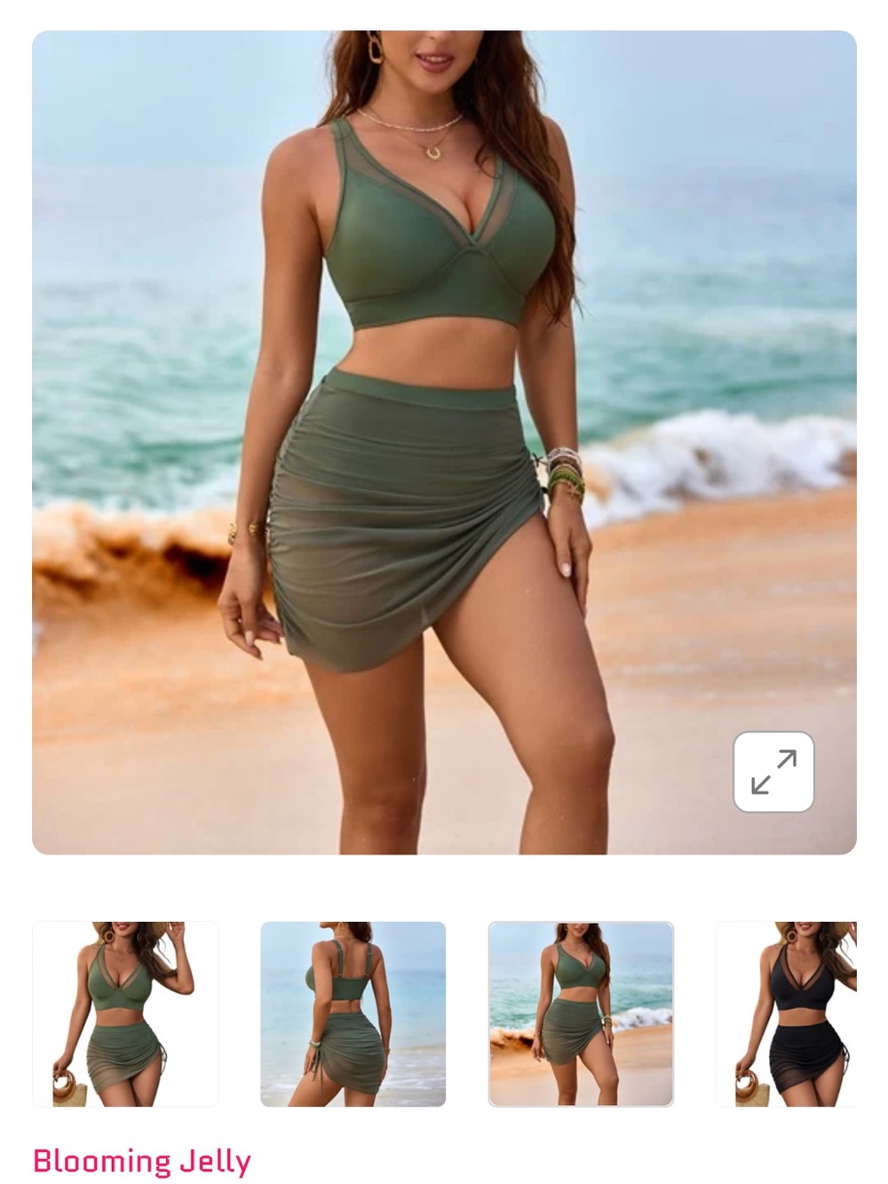Blooming Jelly Olive Green Ruched Bikini Swim Set w/sheer sarong. NWT. XXL